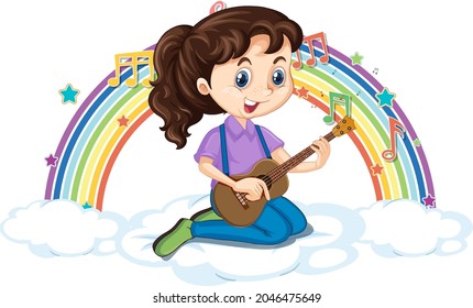 Girl playing guitar on the cloud with rainbow illustration