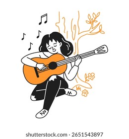 Girl playing guitar with a peaceful expression sitting against a tree. Musical notes float around. Simple illustration in orange and black tones shows tranquility.