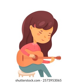 Girl playing guitar. Romantic girl with musical instrument. Music lesson, concert. Cartoon vector illustration.