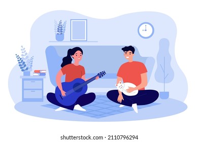 Girl playing guitar and singing to guy. Man, woman and cat sitting on floor of home living room flat vector illustration. Hobby, lifestyle concept for banner, website design or landing web page