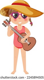 A girl playing guitar in summer theme illustration