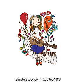 Girl playing the guitar. A vector, a caricature, a doodle drawn by hand