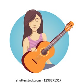 Girl playing guitar. Vector illustration in cartoon simple flat style. Icon, banner, postcard.