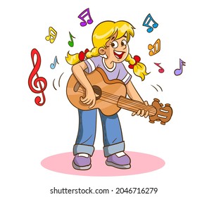 Girl playing the guitar. Vector illustration of a cheerful girl playing happy guitar.