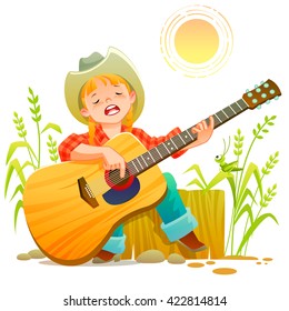 Girl playing guitar. Vector illustration of a cheerful girl playing guitar happily, rueful