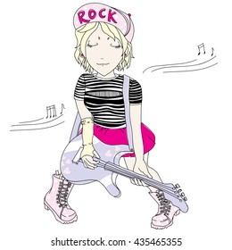 Girl playing guitar. Vector illustration of a cheerful girl playing guitar happily.