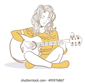 Girl playing the guitar. Vector illustration. Cartoon character. Isolated