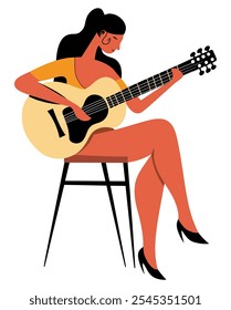 Girl Playing Guitar While Sitting on a Table, Joyful Representation of Music and Creativity in a Minimalist Style - Flat Vector Illustration
