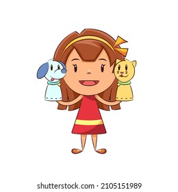 Girl playing hand puppets, happy cute child
