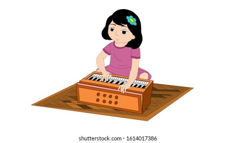 girl is playing harmonium - illustration