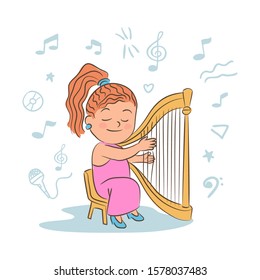 Girl playing harp cartoon vector illustration. Little musician, performer hand drawn character. Music classes for children, school performance. Child with musical instrument isolated on white