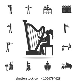 Girl playing the harp icon. Detailed set of music icons. Premium quality graphic design. One of the collection icons for websites web design mobile app on white background