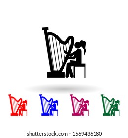 Girl playing the harp multi color icon. Simple glyph, flat vector of music icons for ui and ux, website or mobile application