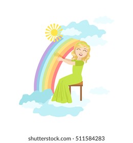 Girl Playing Harp With Rainbow And Clouds Decoration