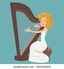 girl playing the harp - vector cartoon illustration in flat style