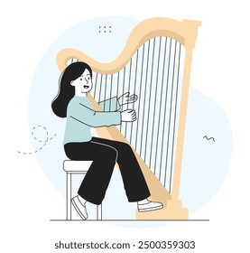 Girl playing harp. Woman musician performs on stage. Talented artist with musical string instrument. Hobby and leisure. Child repeats melody. Linear vector illustration isolated on white background