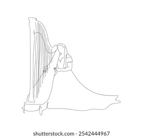 Girl playing harp. Woman musician performs on stage. Talented artist with musical string instrument. Hobby and leisure. Lady repeats melody. Hand made vector not AI.