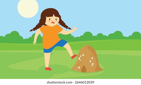 Menina brincando com fardo de feno no parque. Ilustração vetorial.