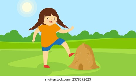 Girl playing with hay in the meadow. Vector illustration in flat style