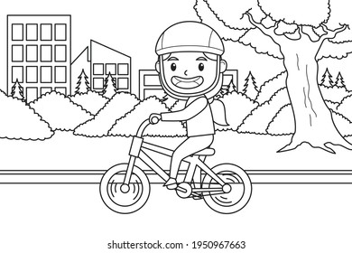 A Girl Playing With Her Bike on a City Park Track With Refreshing Views All Around. Black and White Background. Coloring Book Illustration. Vector.