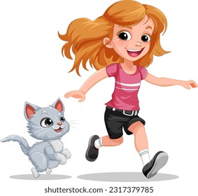 A girl playing with her cat illustration