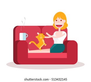 Girl Playing with her Cat on the Sofa. Isolated Flat Vector Illustration.