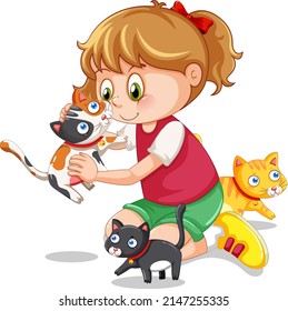 A girl  playing with her cats illustration