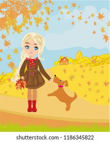 Girl playing with her dog in autumn