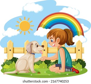 A girl playing with her dog illustration