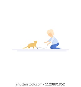 Girl playing with her pet cat, family lifestyle concept vector Illustration on a white background