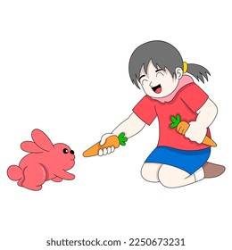 girl is playing with her pet feeding the rabbit. vector design illustration art