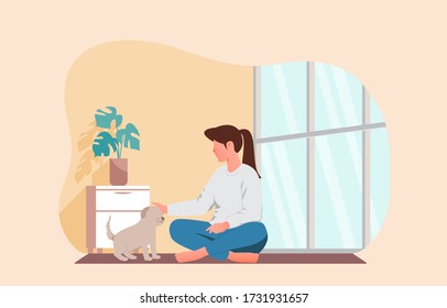 girl playing with her pet. stay at home vector illustration