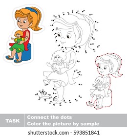 Girl Playing her Toy Doll. Dot to dot educational game for kids, task is to connect dots by numbers.