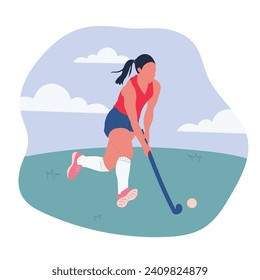 Niña jugando hockey sobre hierba. Ilustración vectorial aislada en fondo blanco. Hockey sobre césped. Concepto deportivo. Diseño de caricatura para afiche, icono, tarjeta, logotipo, etiqueta, pancarta o pegatina