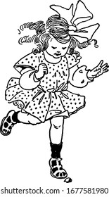 A girl playing hopscotch, hopping over the stone, showing three different size of images in it, a girl with preety dress wearing a skirt in three images, vintage line drawing or engraving 
