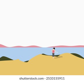 Menina jogando hula hoop na costa rochosa com mar e paisagem de montanha. Atividade ao ar livre ao ar livre. Design mínimo.