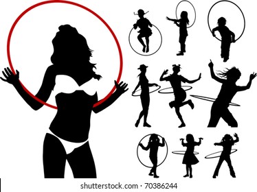 girl playing with a hula hoop on a white background