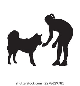 Girl playing with a husky dog vector silhouette.