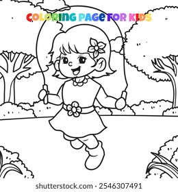 Menina jogando pular corda no contorno do parque colorir página ilustração