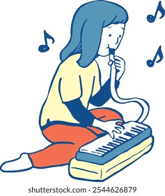 Una chica tocando una armónica de teclado.
