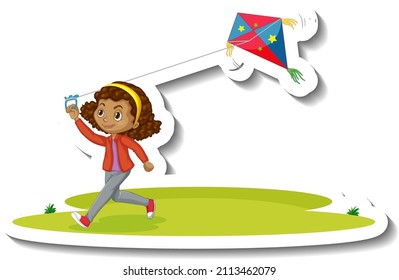 A girl playing kite cartoon character sticker illustration