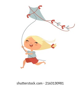 Girl playing with kite. Cute kid running, flying kite. Children outdoor activity, summer vacation. Happy cartoon child, funny character. Hand drawn vector illustration isolated on white. Flat design