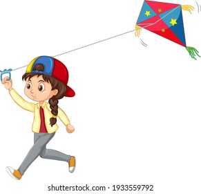 Girl playing kite isolated on white background illustration