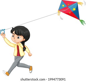 Girl playing kite isolated on white background illustration