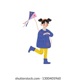 Girl Playing Kite, Kids Spring or Summer Outdoor Activity Vector Illustration