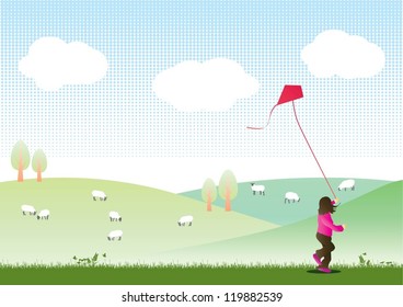 A girl playing kite with sheep and mountain background, Vector