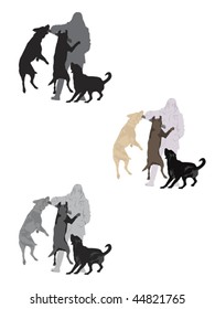 girl playing with labs, three color versions