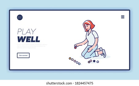 Girl playing logic games and learning colors. Educational and logic games landing page with cartoon little child enjoy game for development. Linear vector illustration