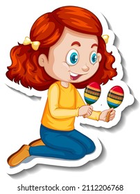 A girl playing maracas cartoon character sticker illustration