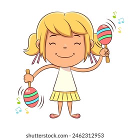 Girl playing maracas, shaking, rumba shakers, happy cute child